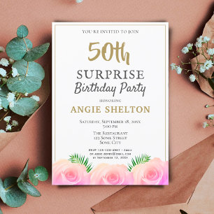 Pink Rose Floral Leaves 50th Surprise Birthday Invitation