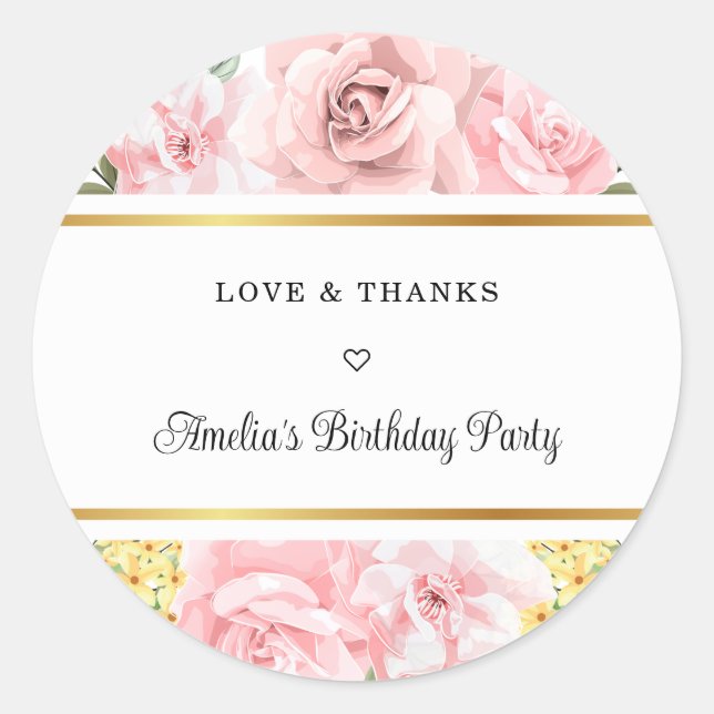 Pink Rose Floral Love And Thanks Birthday Party Classic Round Sticker (Front)