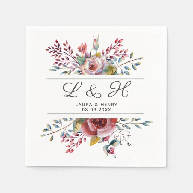 Pink Rose Floral Monogram Wedding Paper Napkins (Front)