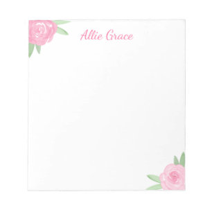 Pink Rose Floral Notepad - Personalised Name