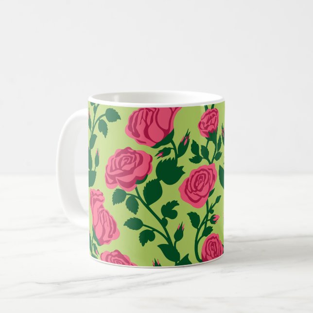 Pink Rose Floral Pattern Coffee Mug (Front Left)