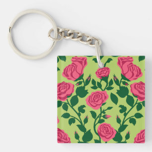 Pink Rose Floral Pattern Key Ring