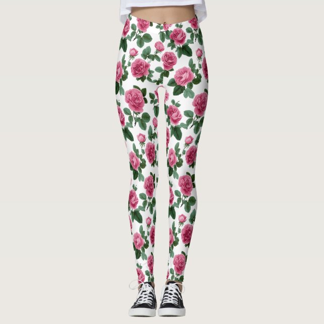 Pink Rose Floral Pattern Leggings (Front)