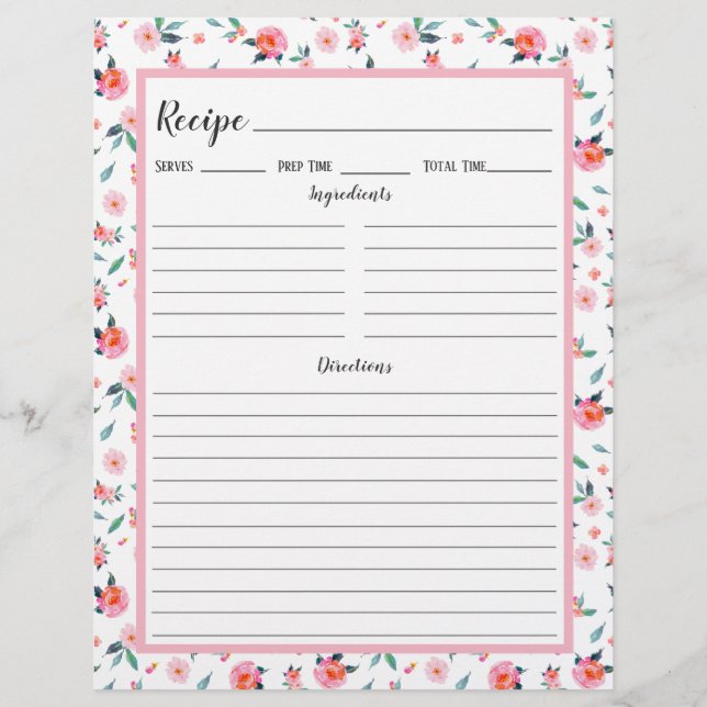 Pink Rose Floral Pattern Recipe Binder Page (Front)
