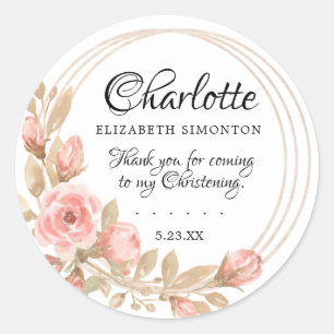 Pink Rose Floral  Personalised Christening Classic Round Sticker