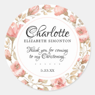 Pink Rose Floral  Personalised Christening Classic Round Sticker