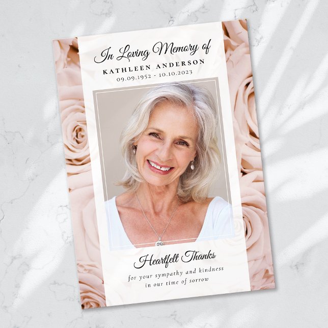 Pink Rose Floral Photo Keepsake Funeral Memorial Thank You Card (Creator Uploaded)