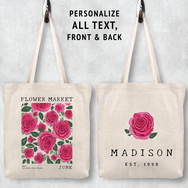 Pink Rose Floral Print June Birth Flower Market Tote Bag (Personalized June Birth Flower Market Tote Bag, Custom Name Tote Bag, Bachelorette Bridesmaid Gifts )