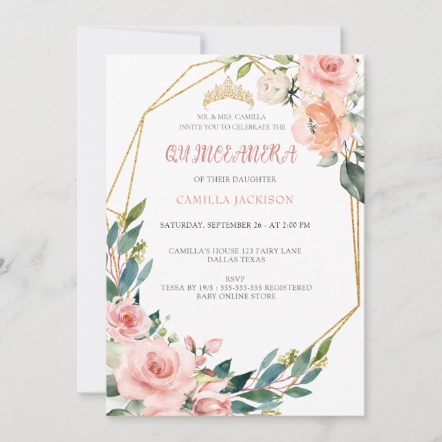  Pink Rose Floral Quinceanera Blush Butterfly Tiar Invitation (Front)