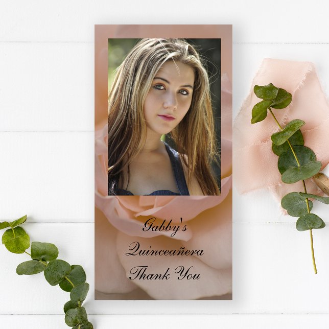 Pink Rose Floral Quinceañera Thank You Photo Card (Creator Uploaded)