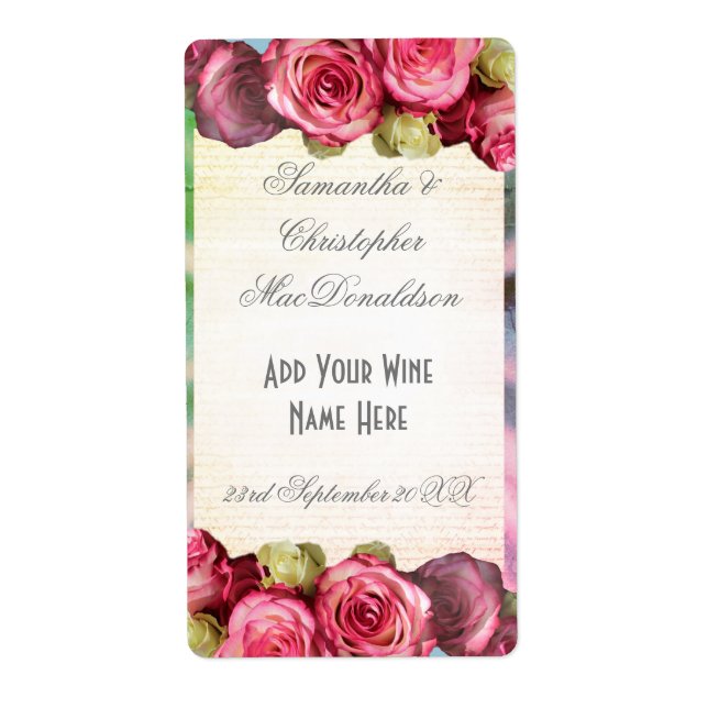 Pink rose floral romantic wedding wine bottle (Front)