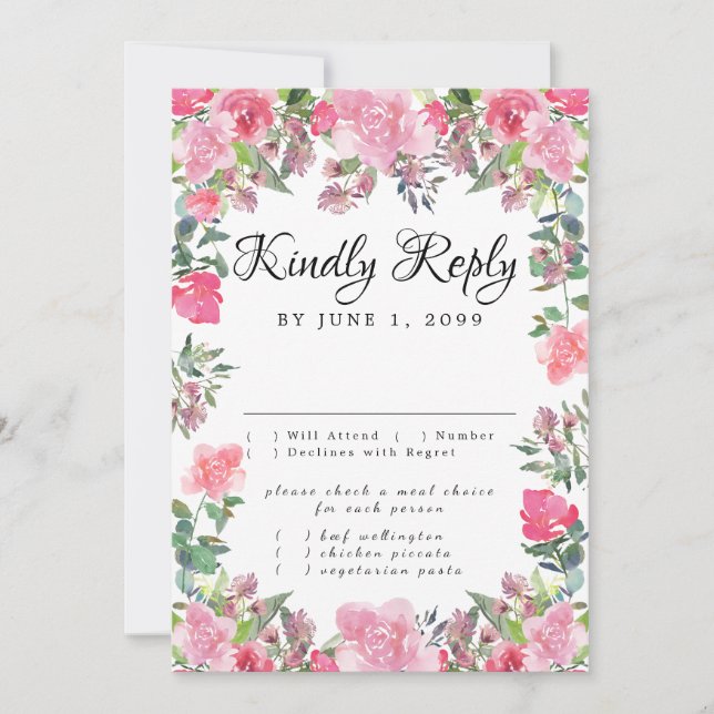 Pink Rose Floral RSVP Card with Meal Choice (Front)