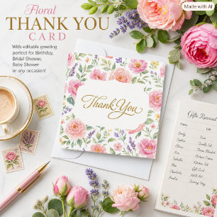Pink Rose Floral Script Thank You Card