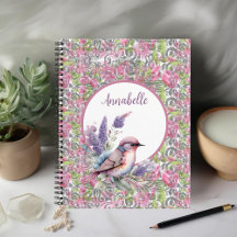 Pink Rose Floral Scroll Spiral Notebook