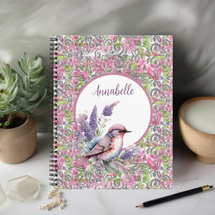Pink Rose Floral Scroll Spiral Notebook