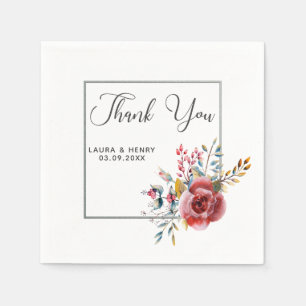 Pink Rose Floral Silver Frame Wedding Paper Napkin