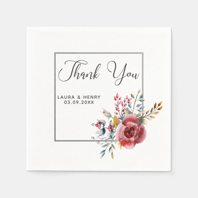 Pink Rose Floral Silver Frame Wedding Paper Napkin (Front)