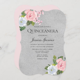 Pink Rose Floral Silver Quinceanera Party Invite
