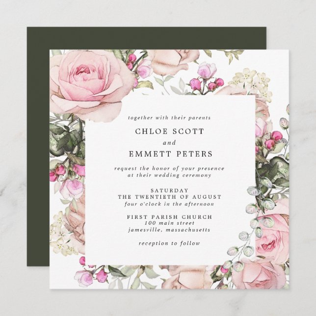 Pink Rose Floral Square Wedding Invitation (Front/Back)