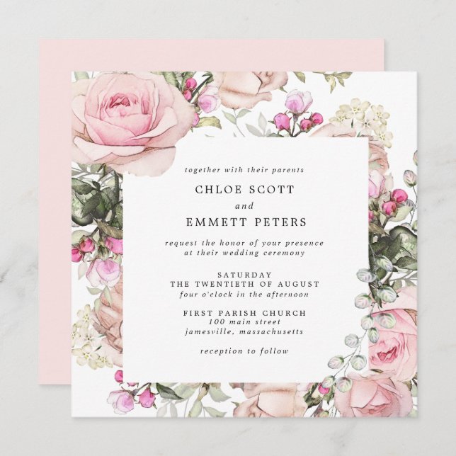 Pink Rose Floral Square Wedding Invitation (Front/Back)