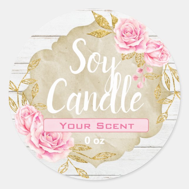 Pink Rose Floral Vintage Soy Scented Candle Labels (Front)