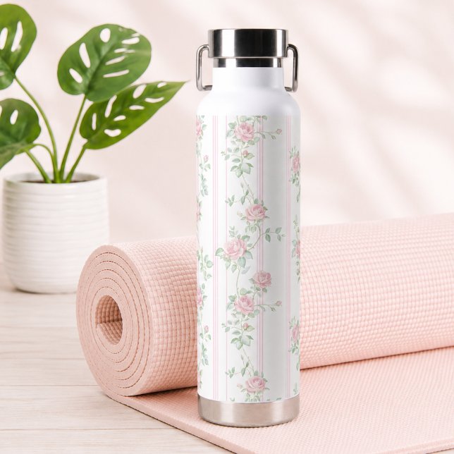 Pink Rose Floral Water Bottle (elegant feminine vintage pink floral coquette grandmillennial rose water bottle)