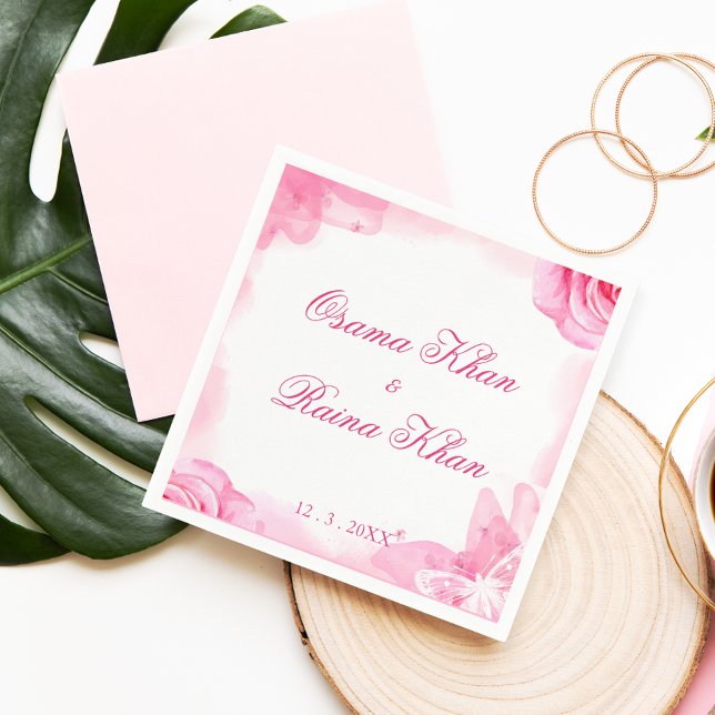 Pink Rose Floral Watercolor butterfly Wedding Napkin (Creator Uploaded)