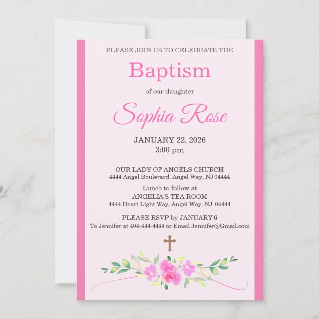 Pink Rose Floral Watercolor Cross Stripe Baptism Invitation (Front)