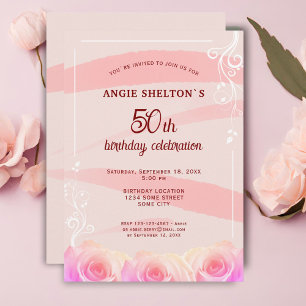 Pink Rose Floral Watercolor Stripes 50th Birthday Invitation