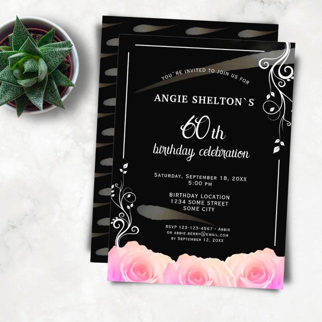 Pink Rose Floral Watercolor Stripes 60th Birthday Invitation (Creator Uploaded)