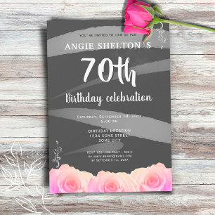 Pink Rose Floral Watercolor Stripes 70th Birthday Invitation