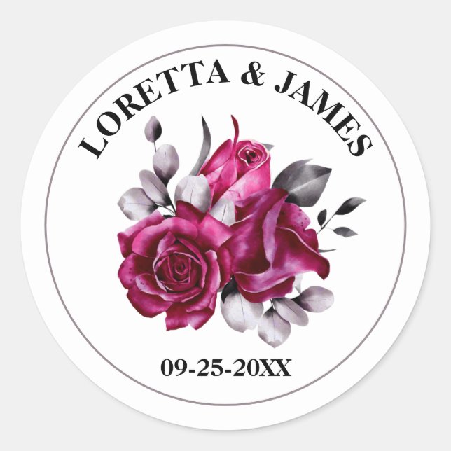 Pink Rose Floral Wedding  Classic Round Sticker (Front)