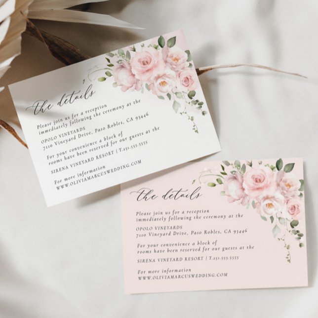 Pink Rose Floral Wedding Details Enclosure Card (Details Card 2 Colors)