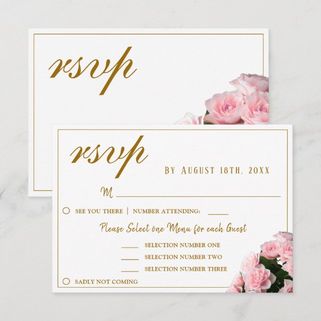 Pink Rose Floral Wedding Menu Choice RSVP Card (Front/Back)