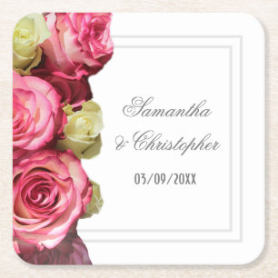 Pink rose floral wedding square paper coaster