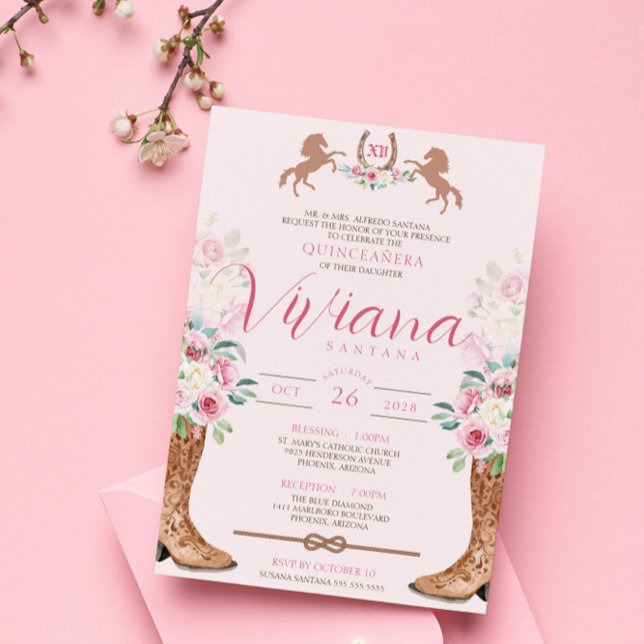 Pink Rose Floral Western Boots Charro Quinceanera Invitation (Creator Uploaded)