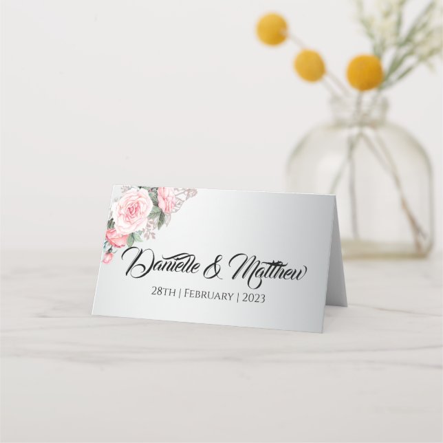 Pink Rose Florals on Silver Wedding Place Card (Front)