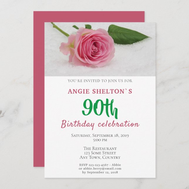 PInk Rose Flower 90th Birthday Party Invitation (Front/Back)