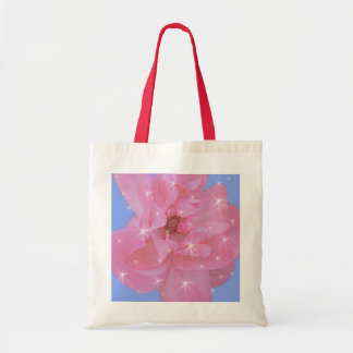 pink rose flower and sparkling stars tote bag