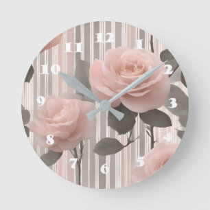 Pink Rose Flower and stripes, Vintage Look Round Clock