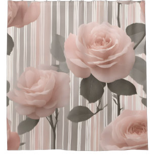 Pink Rose Flower and stripes, Vintage Look Shower Curtain