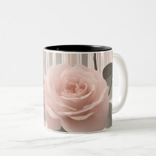Pink Rose Flower and stripes, Vintage Look Two-Tone Coffee Mug