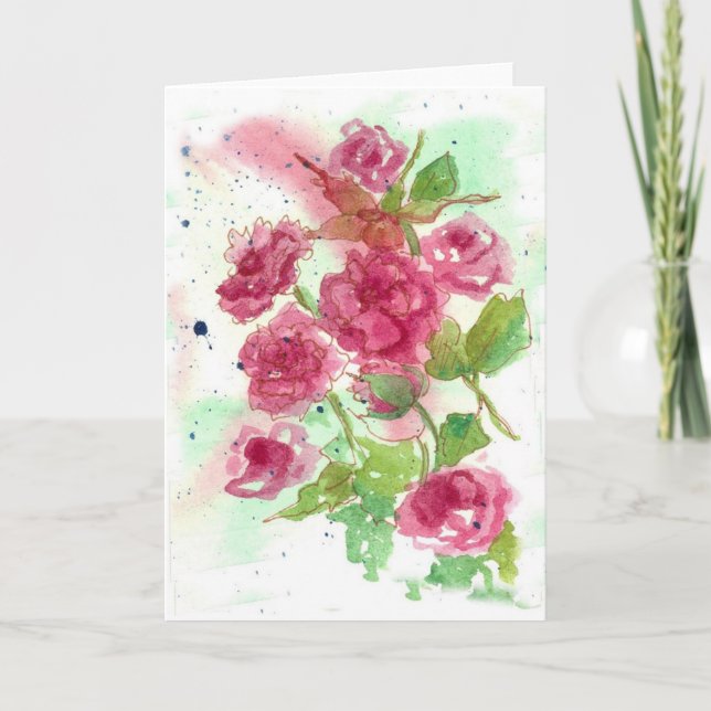 Pink Rose Flower Blank Greeting Card Watercolor (Front)