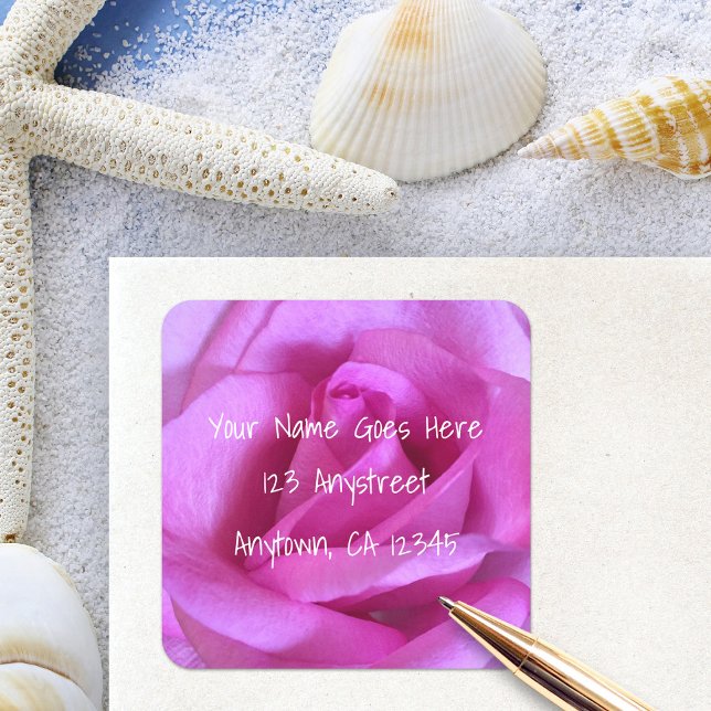 Pink rose flower elegant modern return address square sticker (Creator Uploaded)