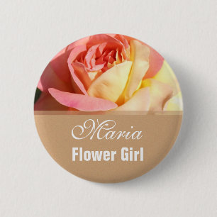 Pink rose flower girl  wedding name button. 6 cm round badge