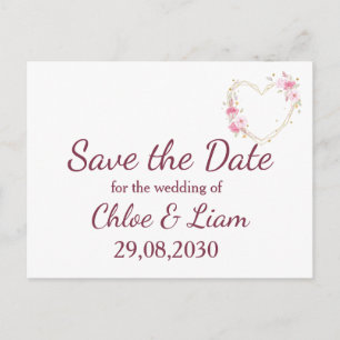 Pink Rose Flower Heart Wedding Save the Date Postcard