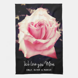 Pink Rose Flower Love you Mum Photo Script Tea Towel