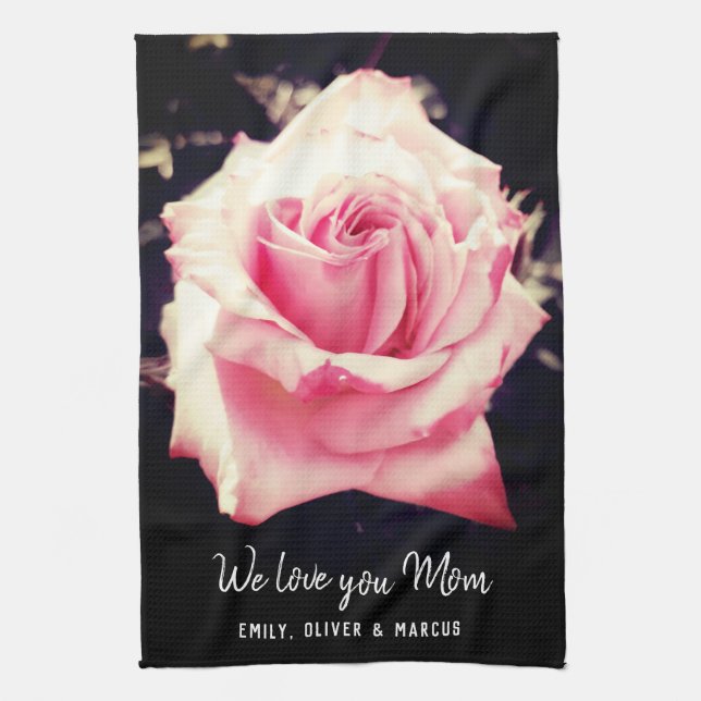 Pink Rose Flower Love you Mum Photo Script Tea Towel (Vertical)