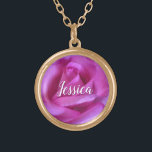 Pink Rose Flower Photo Custom Name Script Modern Gold Plated Necklace<br><div class="desc">A close-up photo of a vibrant pink rose makes you want to "stop and smell the flowers". Relax and inhale the beauty of this photograph whenever you wear this stunning, beautiful photography personalised name charm necklace. This necklace comes in small, medium and large sizes, as well as both square and...</div>