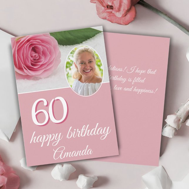 Pink Rose Flower Photo Floral 60th Birthday Card (Creator Uploaded)